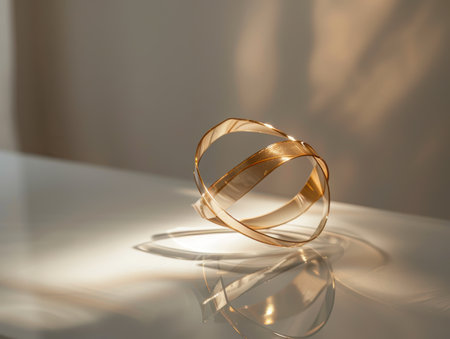 Elegant golden rings on reflective surfaceの素材