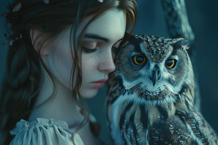 woman with owl in dark forestの素材