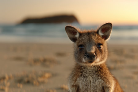 Curious kangaroo looking at camera in scenic landscapeの素材