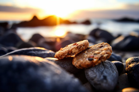 sunset over the ocean with rocks and cookiesの素材
