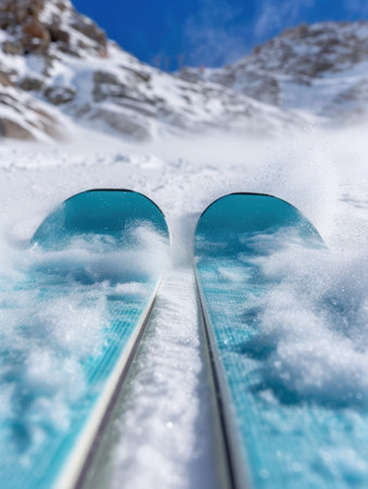 Skier's perspective on a snowy mountain slopeの素材