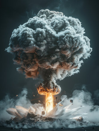 Dramatic explosion with massive cloud of smoke and fireの素材