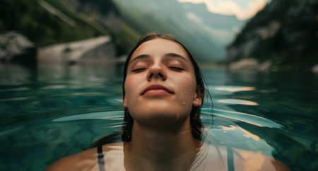woman relaxing in serene mountain lakeの素材