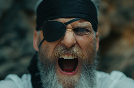 Intense bearded man with eye patch shoutingの素材