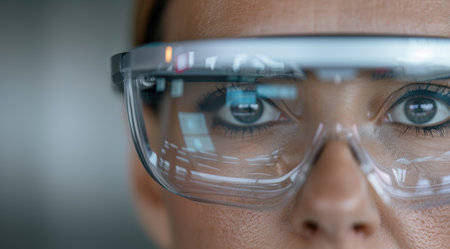 close-up of person wearing futuristic augmented reality glassesの素材