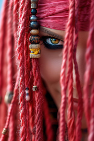 Mysterious woman with red dreadlocks and beaded accessoriesの素材
