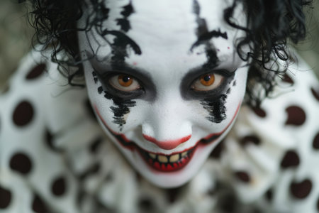 Creepy clown face with intense eyes and sinister smileの素材
