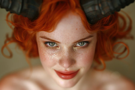 Vibrant redhead with sparkling makeupの素材