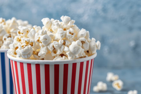 Delicious popcorn in a striped bucket against a cloudy skyの素材
