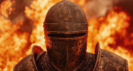 medieval knight's helmet against fiery backgroundの素材