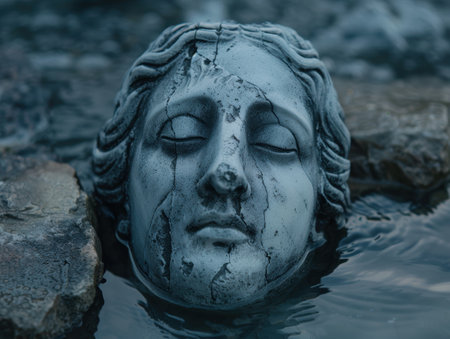 Weathered stone face submerged in waterの素材