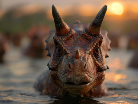 Closeup of a horned lizard swimming in water at sunsetの素材