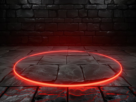 Glowing red neon circle on dark stone floorの素材