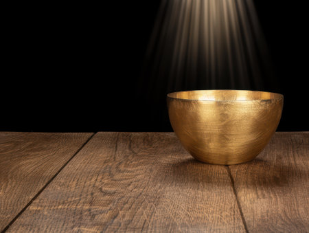 Glowing golden bowl on wooden tableの素材