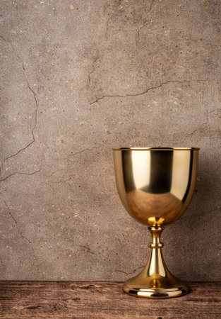 golden chalice on wooden tableの素材