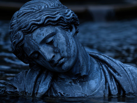 Weathered stone statue in dark, moody watersの素材