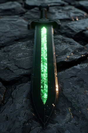 Glowing green sword on dark rocky surfaceの素材