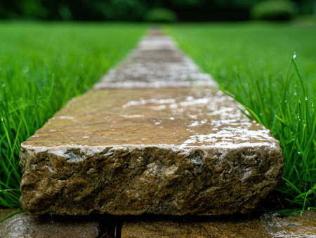 Wooden path through lush green grassの素材