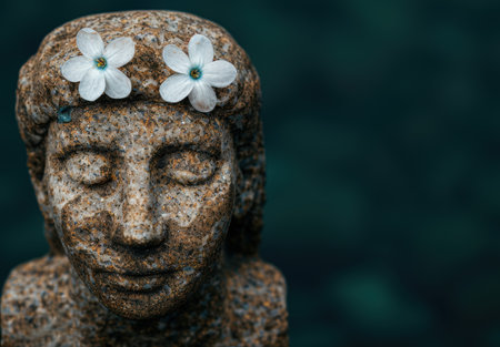 Peaceful stone buddha statue with white flowersの素材
