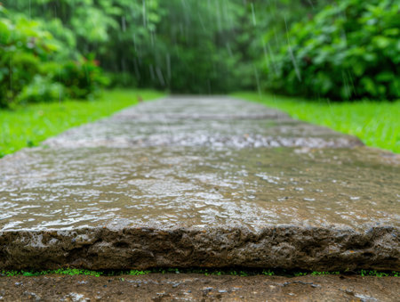 Rainy day on a stone path in the forestの素材