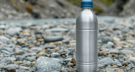 Refreshing water bottle on rocky shoreの素材