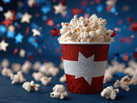 festive popcorn in a glittery red and silver containerの素材