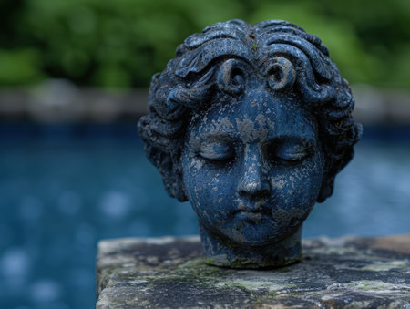 ancient stone sculpture with closed eyesの素材