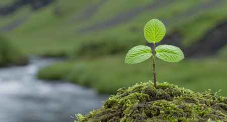 Lush green leaves growing on moss-covered rock near streamの素材