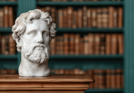 Bust of a classical figure in a libraryの素材