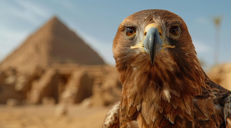 close-up of a majestic eagle with the great pyramids in the backgroundの素材