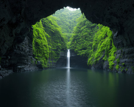 Lush green waterfall in a caveの素材