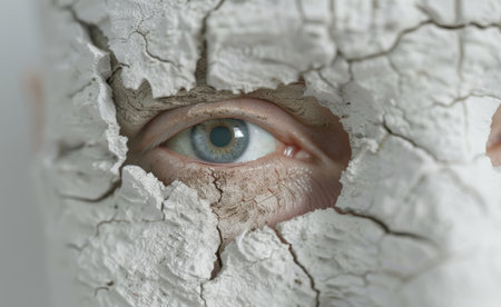Mysterious eye peeking through cracked concrete surfaceの素材
