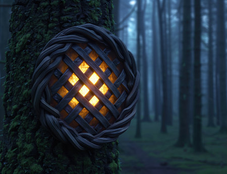 Glowing lantern in dark forestの素材