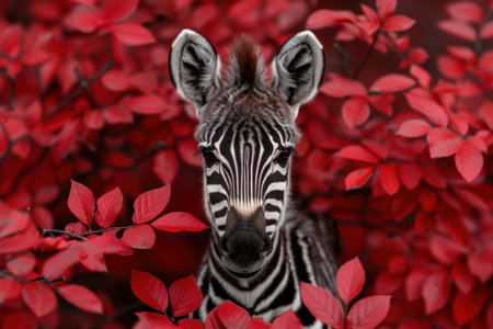 Zebra in a vibrant red floral settingの素材