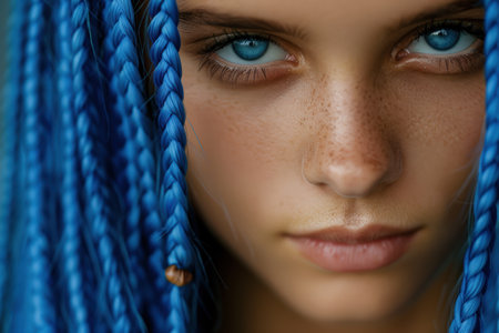 close-up portrait of a woman with braided blue hairの素材