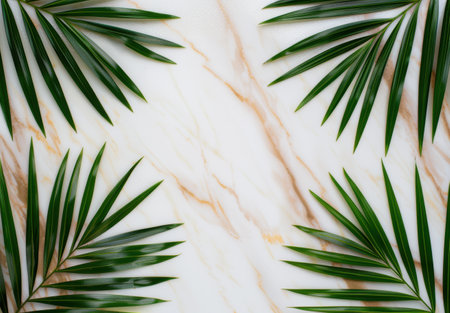 green palm leaves on marble backgroundの素材