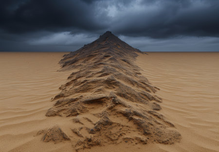 Dramatic desert landscape with towering dune under stormy skyの素材