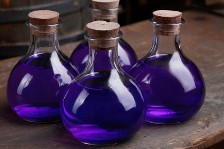 Colorful glass bottles with purple liquidの素材