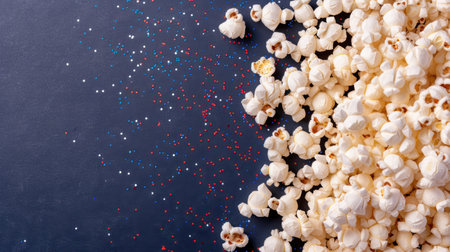 Popcorn and colorful confetti on dark backgroundの素材