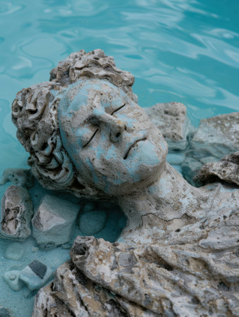 Weathered stone face sculpture in turquoise waterの素材
