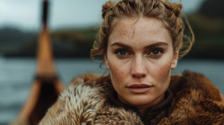 Pensive woman in fur coat gazing into distanceの素材