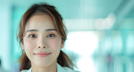 young woman with brown hair smilingの素材