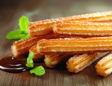 Delicious fried churros with chocolate sauceの素材