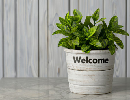 Potted plant with welcome sign on wooden backgroundの素材