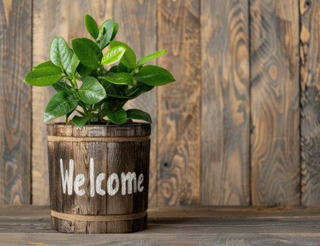 Welcome sign with green plant in wooden planterの素材