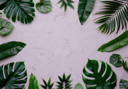 tropical leaves frame on pink backgroundの素材