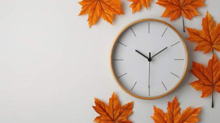 autumn leaves and clock on white backgroundの素材