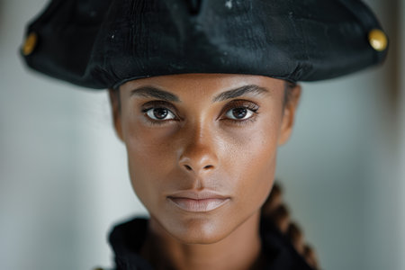 Serious woman in black capの素材