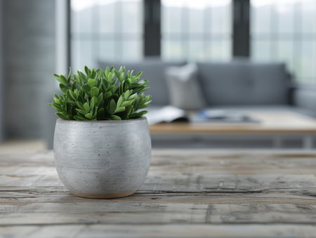 Potted plant on wooden table in modern living roomの素材