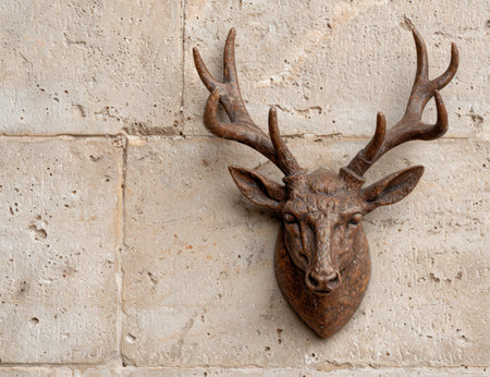 Rustic deer head mounted on a stone wallの素材